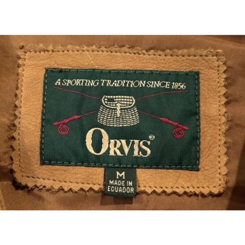 ORVIS Mens Leather Hunting Vest Sz M Safari Utility Snap Button Brown Vintage